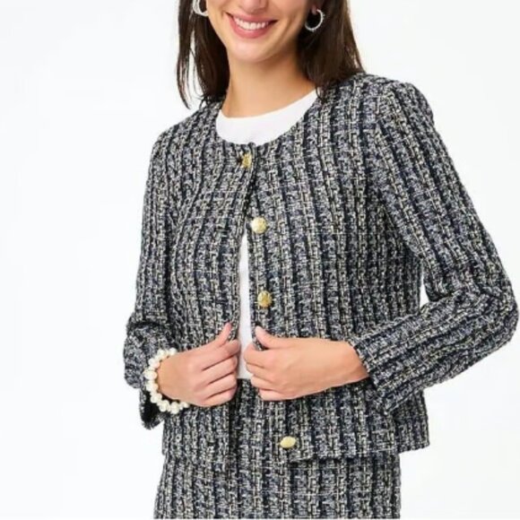 J. Crew Tweed Lady Jacket Blazer in Tweed Black Navy Women's Size 4P Petite - Picture 1 of 12